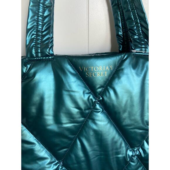 Victoria's Secret Puffer Tote Metallic Teal Green Quilted Bag‎ Blue Green NEW - Picture 7 of 7